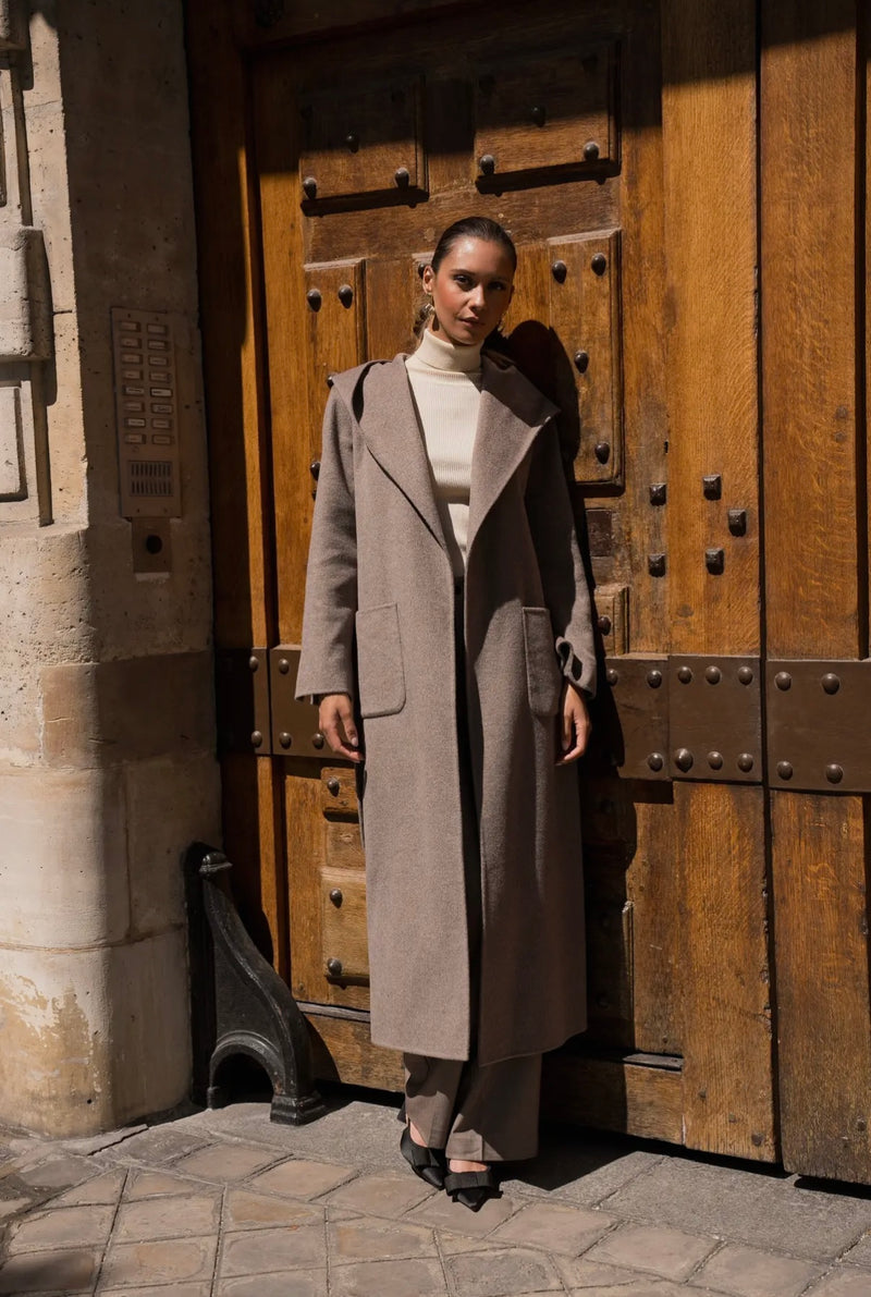 Wool Blend Long Coat – Taupe Elegance