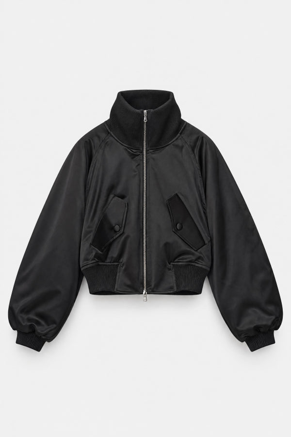 SATIN GLOW BOMBER JACKET - BLACK