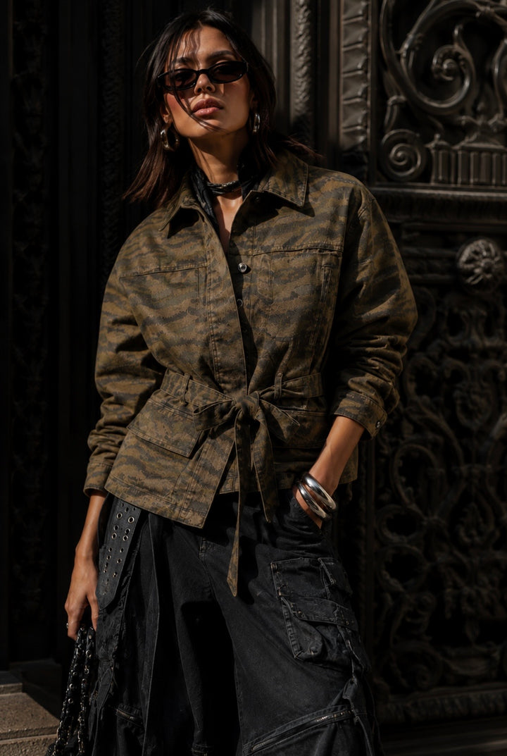 CAMO BELTED DENIM JACKET