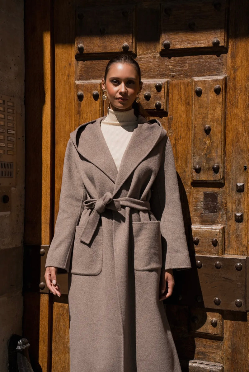 Wool Blend Long Coat – Taupe Elegance