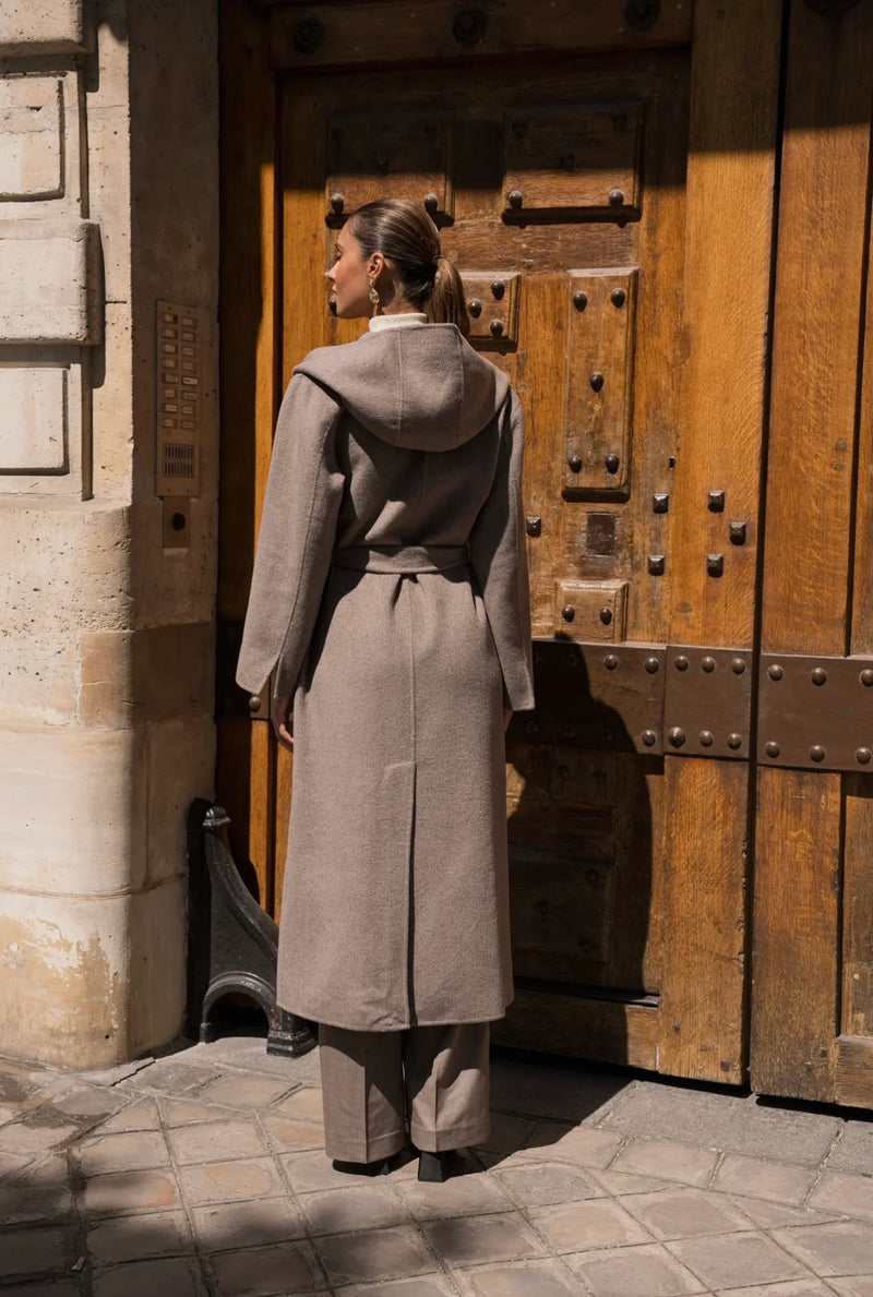 Wool Blend Long Coat – Taupe Elegance