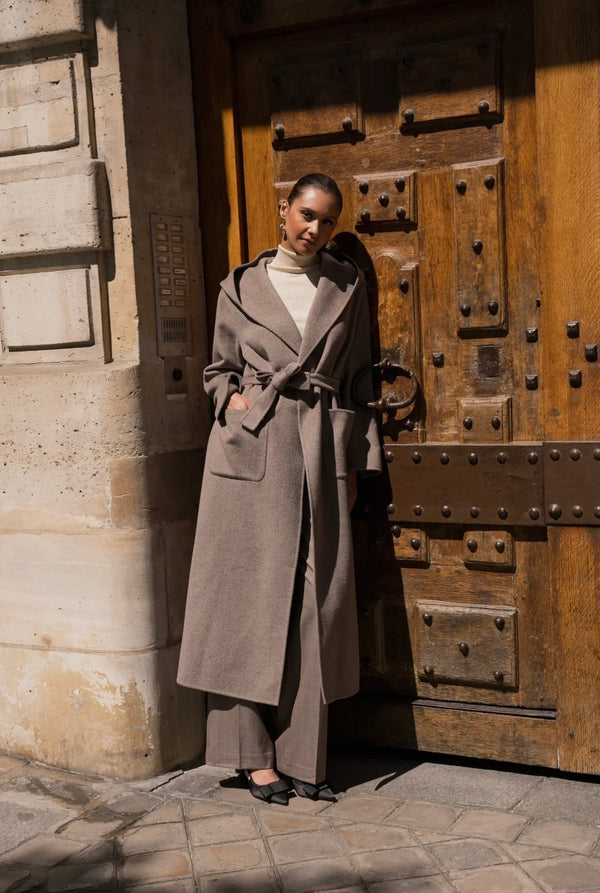 Wool Blend Long Coat – Taupe Elegance