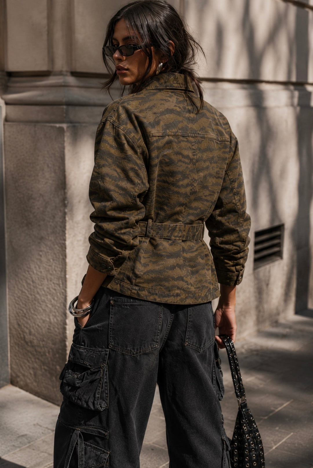 CAMO BELTED DENIM JACKET