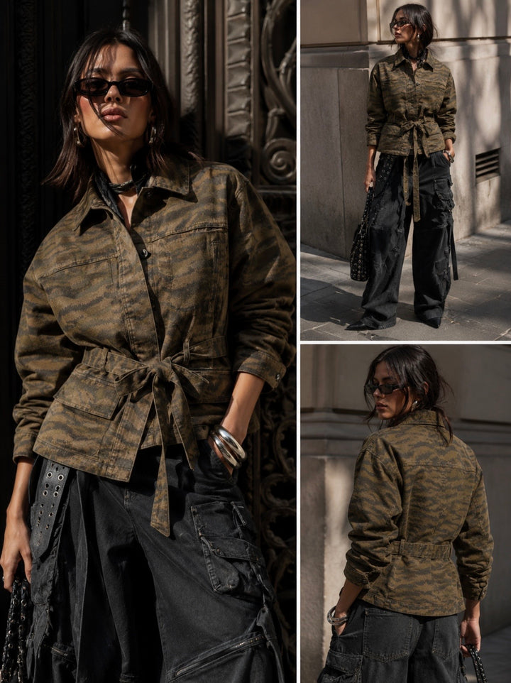 CAMO BELTED DENIM JACKET