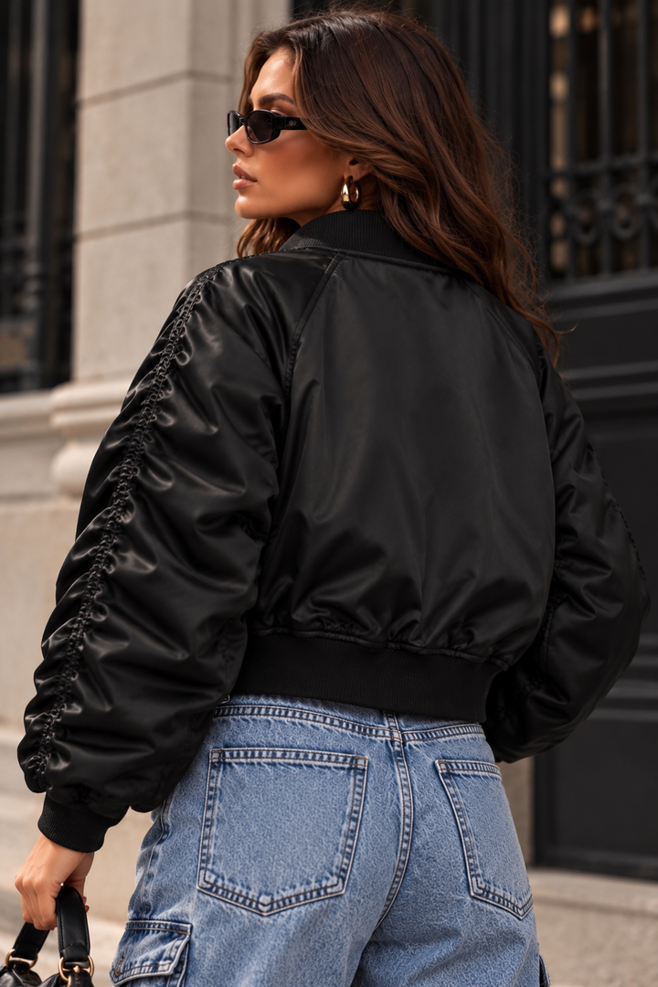SATIN GLOW BOMBER JACKET - BLACK