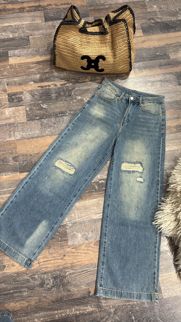 Vintage Wide Leg Jeans – Distressed Denim