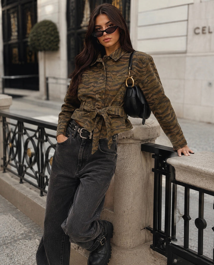 CAMO BELTED DENIM JACKET
