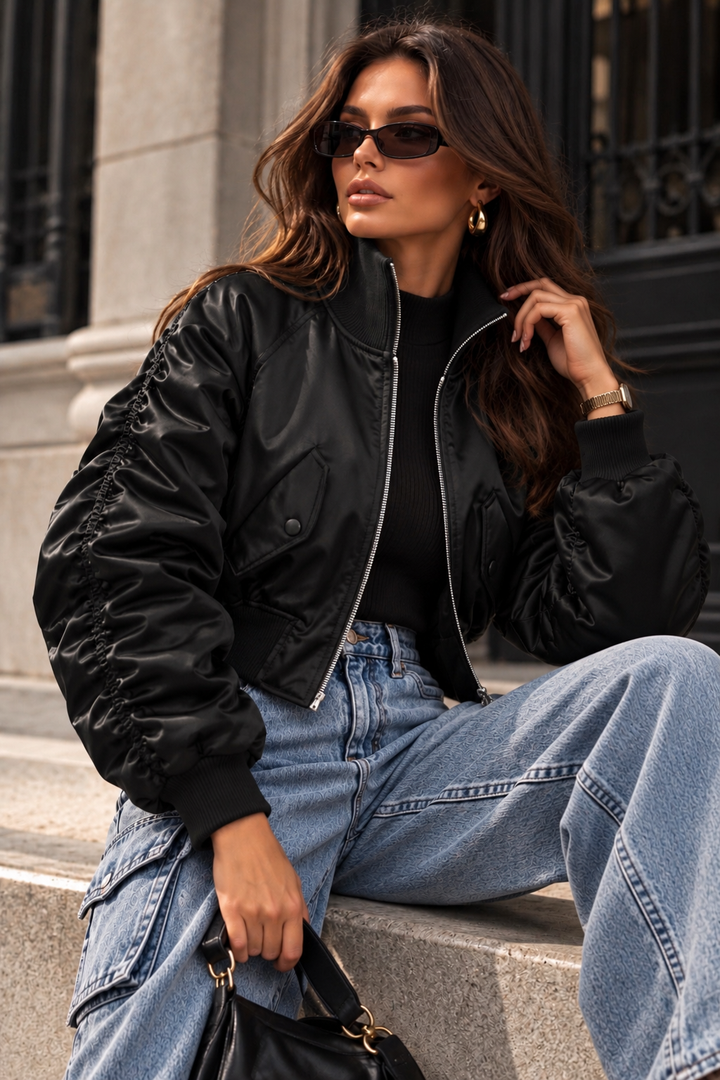 SATIN GLOW BOMBER JACKET - BLACK